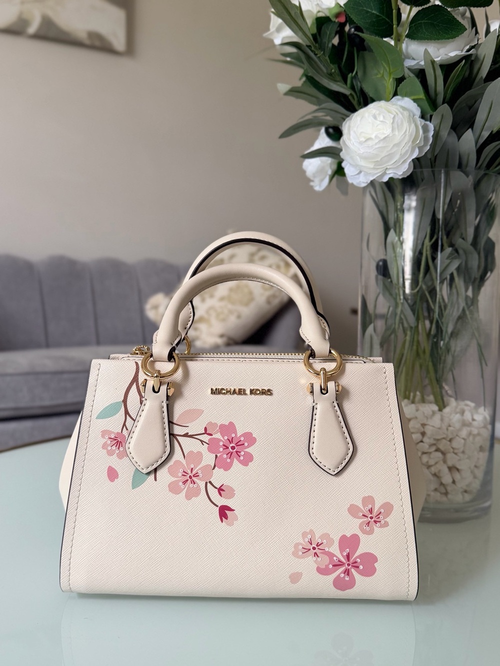 Michael Kors Cream Satchel with Pink Floral Accent